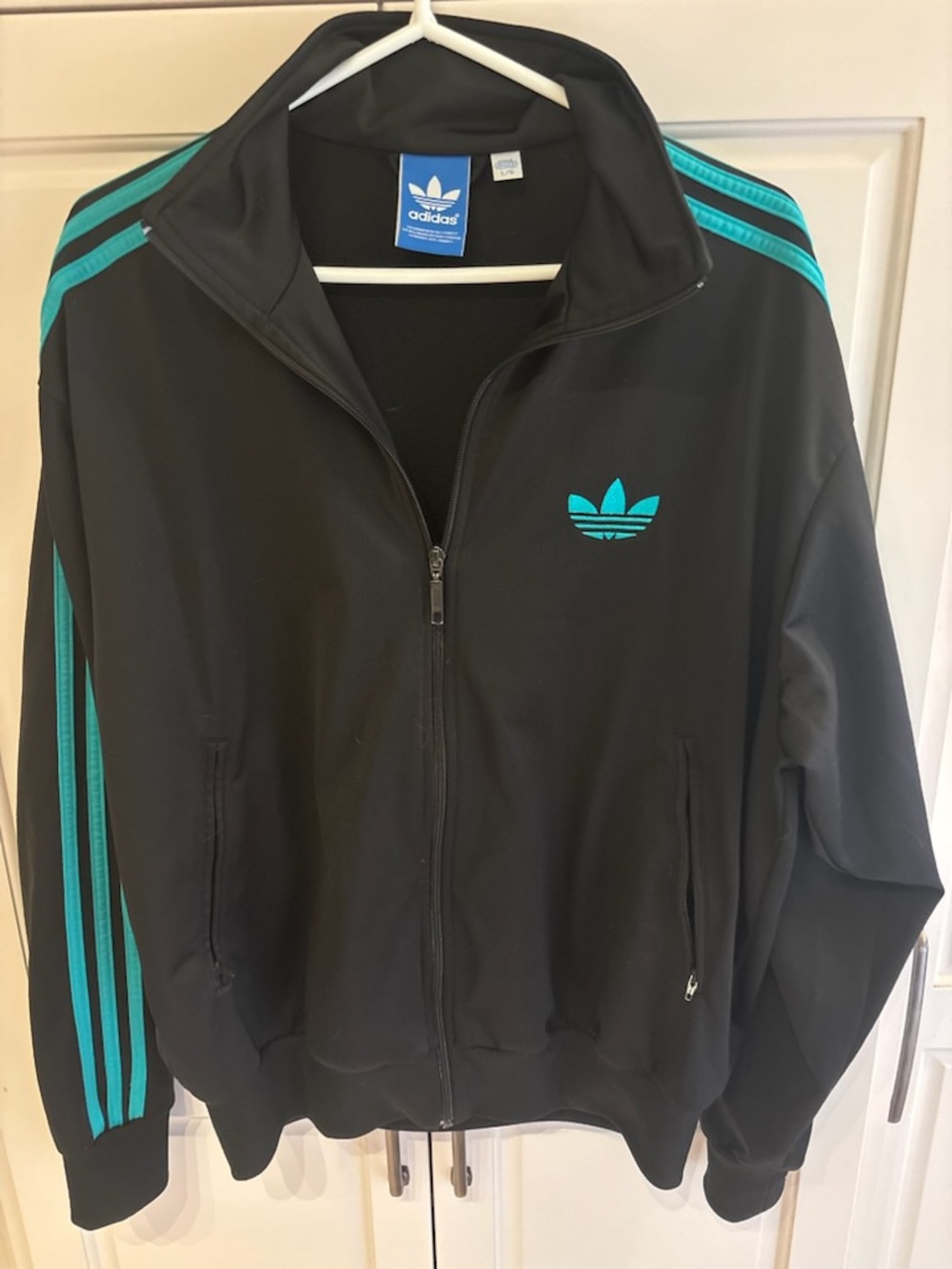 Adidas Women's Black Track Jacket with Teal Stripes large